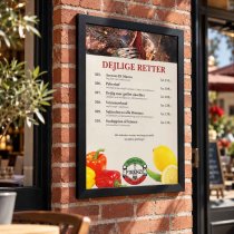 Crown affischram med svart 33 mm snäppprofil monterad på tegelvägg utanför restaurang
