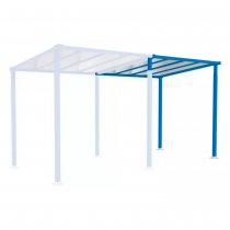 Förlängningsmodul väderskydd Millan RAL 5010 – blå gångpassage utomhus