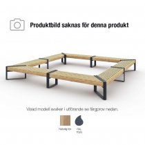 Fyrkantig Momentum utebänk 3600×3600 mm i naturlig furu och mörkgrå stålram RAL 7024.