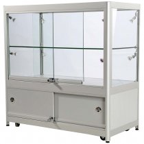 Låsbar glasmonter i silver med förvaring och glasdel för exponering