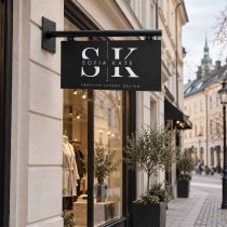 Illustration av en pulverlackad smidesskylt för vägg med logotyp utanför butik