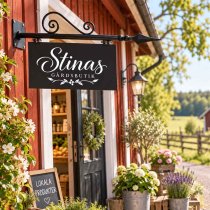 Väggmonterad gårsskylt utanför gårdsbutik Pulverlackad antik smidesskylt med logga
