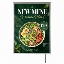 LED Lightbox A4 – belyst menytavla med silverram och meny för restaurang