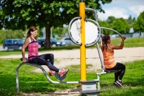 Användare som tränar step up och kondition på Flexo multi-fitnessstation utomhus