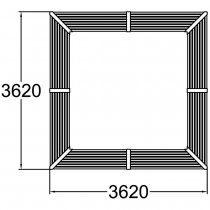 Toppritning av fyrkantig Momentum utebänk med yttermått 3620 × 3620 mm