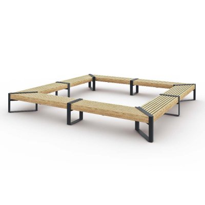 Fyrkantig Momentum utebänk 3600×3600 mm i naturlig furu och svart stålram RAL 9005.