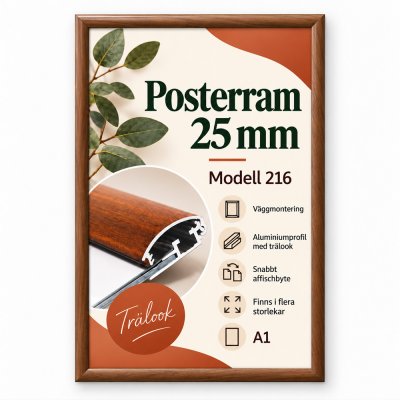 Snäppram A1 format med mörk träimitation och 25 mm aluminiumprofil