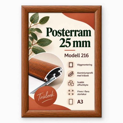 Snäppram A3 format med mörk träimitation och 25 mm aluminiumprofil