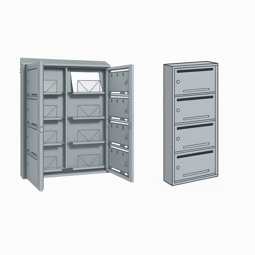 Illustration av stående fastighetsbox som visar postfack