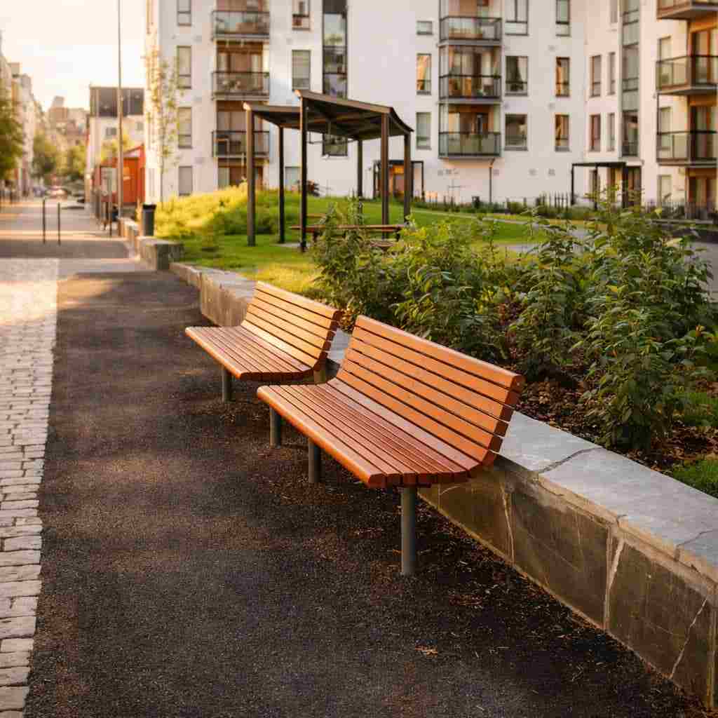 parksoffor vid fastighet i utemiljö